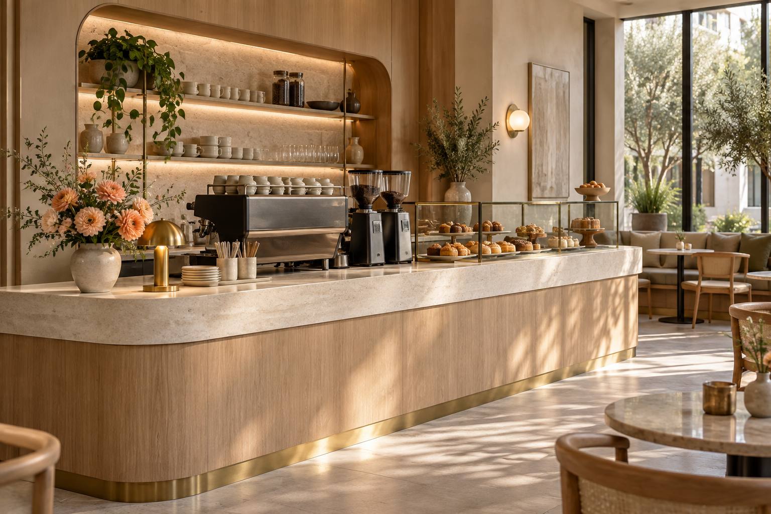 Contemporary café counter with coffee equipment and flowers