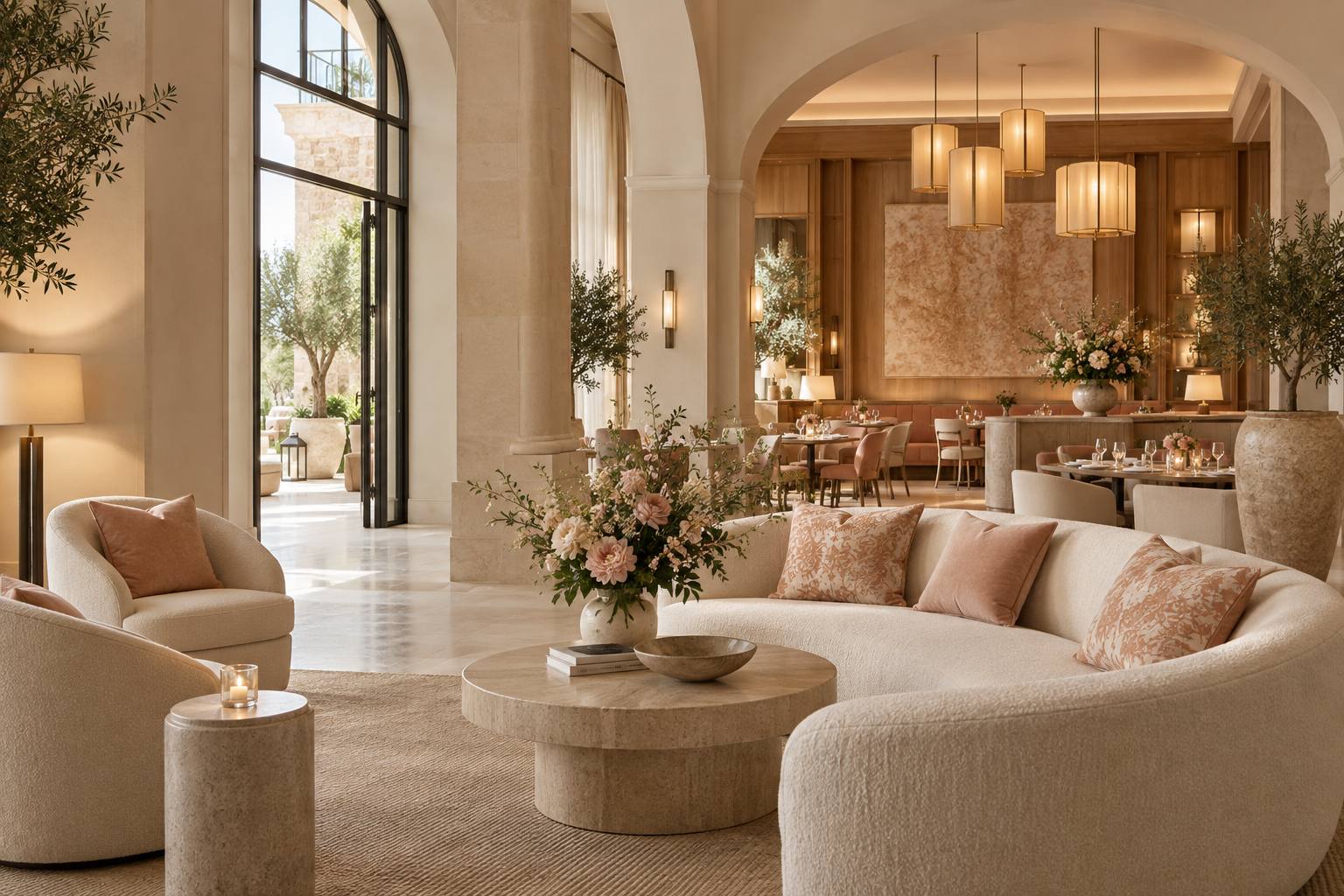 Warm, light-filled boutique hospitality interior